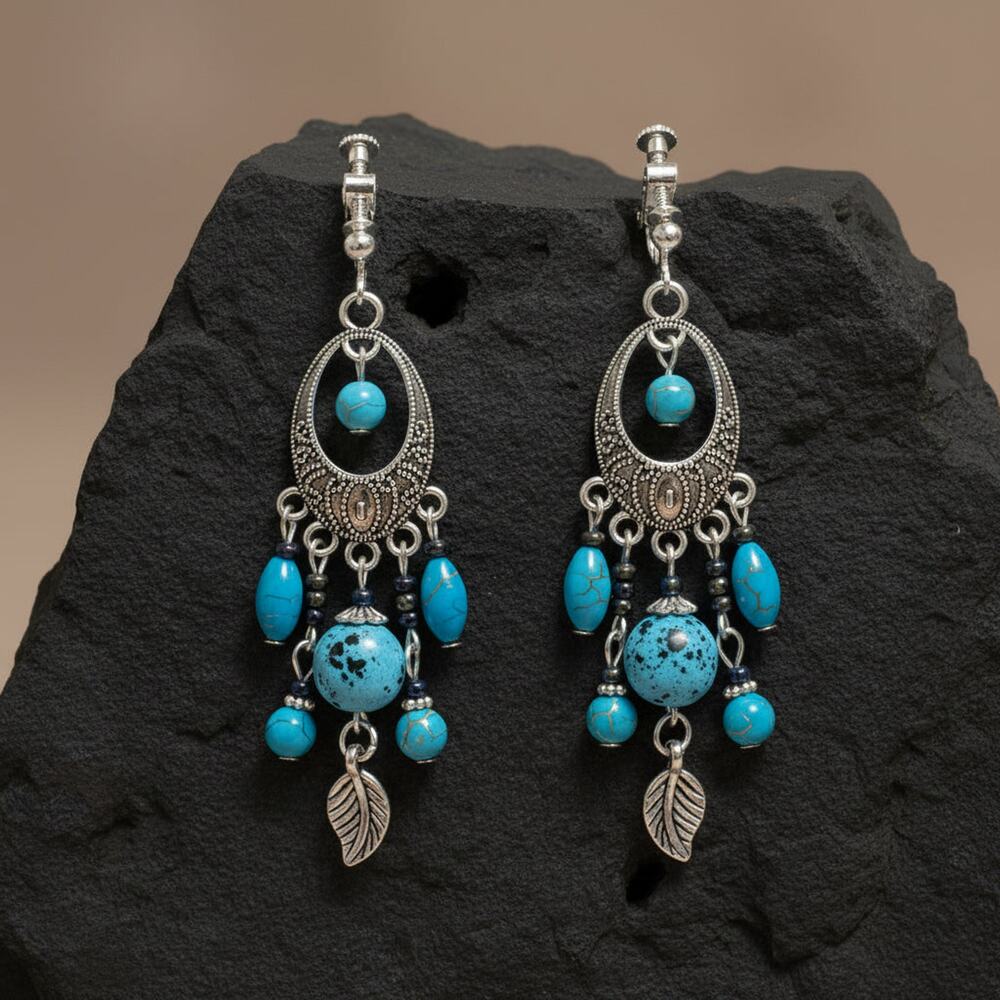 Clip on 3 1/4" cutout silver, turquoise multi colored dangle bead earrings